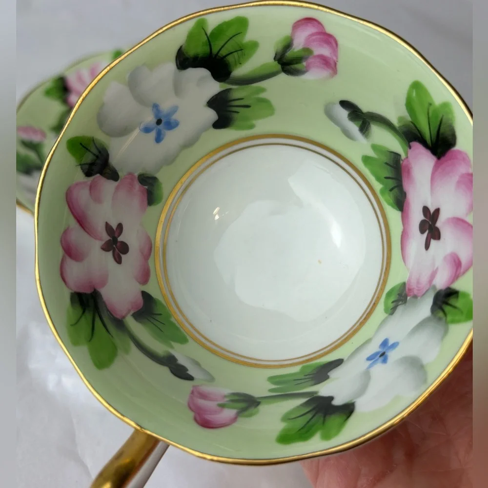 Royal Albert tea cup and saucer England Fine bone china Pink white & apple green